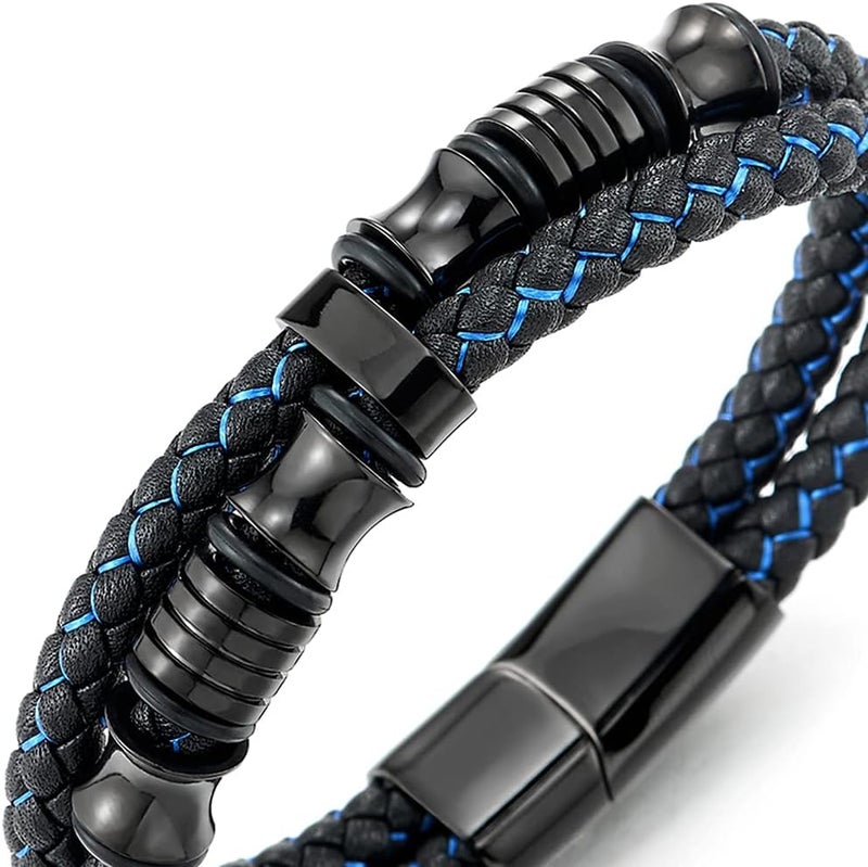COOLSTEELANDBEYOND Mens Double-Row Braided Leather Bracelet Bangle Wristband with Black Stainless Steel Ornaments - Image 2